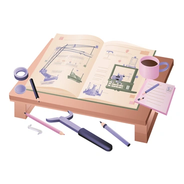 A digital flat illustration featuring an open "technical manual" on a wooden table. The manual has pages filled with "detailed drawings" of various "industrial machinery". On the left page, there is a large illustration of a "crane" with labeled parts, showing cables and gears. On the right page, there is an illustration of a "lathe machine" with arrows indicating its components. Surrounding the manual are tools like a caliper and a wrench, along with a notepad with handwritten notes and a pencil resting beside it. A cup of coffee is placed near the manual, adding to the technical workspace atmosphere.