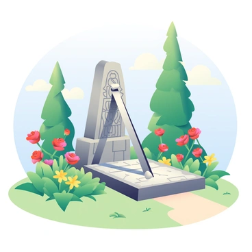 An ancient sundial made of weathered stone is situated in the center of a well-maintained garden. The sundial features intricate carvings and a gnomon that stands tall, casting a distinct shadow on the flat surface. Surrounding the sundial are vibrant flowers in full bloom, including red roses and yellow daisies, along with lush green grass that covers the ground. In the background, a few tall trees provide a natural border to the garden, their leaves rustling gently in the warm sunlight. The sky is clear and blue, enhancing the brightness of the scene, and a small, decorative pathway leads up to the sundial, inviting visitors to admire this timepiece.