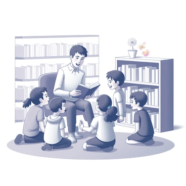 A diverse group of children is seated in a semi-circle on the floor, attentive and engaged, as they gather around an adult who is reading a book. The adult is seated in a chair, holding the book open, with animated expressions that reflect the excitement of the story. Each child exhibits a different reaction, some with wide eyes and smiles while others lean in closer, eager to hear more. The library shelves in the background are filled with books, contributing to the atmosphere of learning and imagination. There are playful decorations above the children, such as colorful artwork or banners, completing the cozy reading environment.