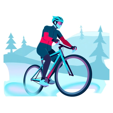 A sports bike rider with a sleek aerodynamic helmet, wearing a tight-fitting black and red racing suit, is pedaling through a foggy morning landscape. The bike is a modern model, featuring shiny metallic accents and a streamlined design. The rider's muscles are tense as they navigate the winding path, with wisps of fog swirling around them. The background has blurred silhouettes of trees and rolling hills, partially obscured by the dense fog. The atmosphere is cool and damp, highlighting the rider's determination as they cut through the mist.