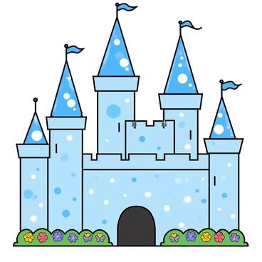 A large castle structure made entirely out of translucent bubbles in various sizes. The bubbles are shimmering and reflect light, creating a rainbow effect across the surface. The castle features tall, pointed towers topped with smaller bubbles that look like flags fluttering in the breeze. Each wall of the castle is composed of interconnected bubbles, giving it a whimsical appearance. There are vibrant flowers at the castle's base, and a clear blue sky above, making the scene bright and cheerful.