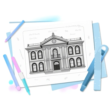 An architectural sketch of a historical building is displayed on a 1/2 size illustration board. The building features intricate details such as arched windows, decorative columns, and a grand entrance. Surrounding the sketch are notes and measurements in fine handwriting, emphasizing the design process. The illustration board has a light texture that enhances the presentation of the sketch. Beside the board, there are a few colored pencils in various pastel shades, suggesting a creative atmosphere. A large ruler and a compass are positioned near the board, indicating tools commonly used in architectural design.