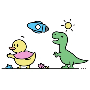 A whimsical arrangement featuring a yellow rubber duck with cartoonish eyes, wearing a small red cape. Next to it is a green dinosaur standing on two legs, its arms raised in excitement. In the background, a blue spaceship hovers above, designed with oversized windows and a smiling face. The ground is dotted with colorful flowers and a bright sun shines in the sky, creating a lively and cheerful scene.