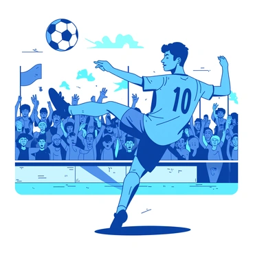 A blue soccer player with a determined expression is in mid-kick, sending a white soccer ball soaring through the air. In the background, a vibrant crowd of fans is cheering enthusiastically, many are holding colorful banners and flags. The stadium is filled with excitement, as spectators wave their arms and show expressions of joy. The player’s uniform is complete with a number on the back, while the ball is illustrated in motion, emphasizing the energy of the moment.
