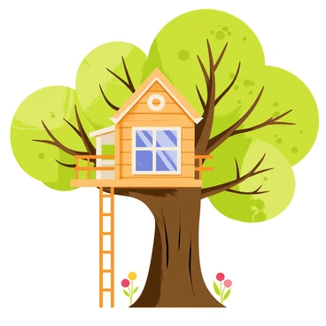 A charming treehouse built with wooden planks, featuring a small balcony and a ladder leading up to it. The treehouse has a triangular roof and large windows that allow light to flood in. It is nestled among the thick branches of a large oak tree with broad, green leaves. Sunlight filters through the leaves, casting dappled shadows on the ground below. Surrounding the tree are tall trees with a variety of foliage, creating a serene forest atmosphere. A few colorful flowers are visible at the base of the oak tree, adding a touch of color to the scene.