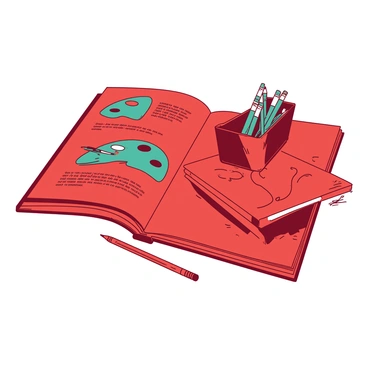 A red printed catalogue is opened to a page displaying various art supplies. On the left side, there are illustrations of a teal paintbrush, a teal palette with vibrant colors, and a teal set of colored pencils arranged neatly. Each illustration is accompanied by a brief description in elegant font. On the right side of the page, there is a side view of a red sketchbook lying flat, with a few pages slightly curled up, showcasing sketches. Above the sketchbook, there is a small red container filled with small teal tubes of paint, each labeled with their respective colors. The catalogue has a clean layout, emphasizing the artistry of the supplies.