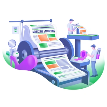 A large printing press in action, producing newspapers at high speed. The press features a series of rollers and gears, all intricately detailed. Sheets of paper flow out of the machine, neatly stacked on a conveyor belt. Printed headlines and images are visible on the newspapers, showcasing bold text and vibrant pictures. In the background, workers are busy overseeing the operation, with some adjusting settings on the printing machine. The environment is filled with the sounds of machinery and the smell of fresh ink.