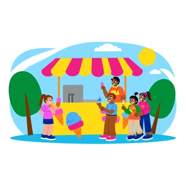 A colorful ice cream stand serving cones to happy children on a summer day