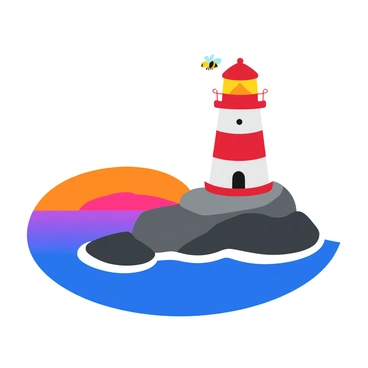 A small lighthouse with a red and white striped pattern stands on a rocky outcrop. Atop the lighthouse, a tiny fly is perched, its delicate wings glistening in the warm light. The sea below is calm, reflecting hues of orange and pink as the sun sets on the horizon. Gentle waves lap against the rocks, creating a serene ambiance. In the background, a faint silhouette of distant hills can be seen, adding depth to the scene.