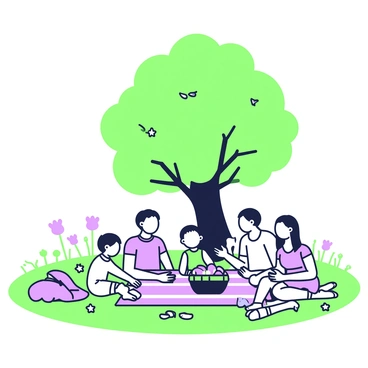 A large family is gathered for a picnic underneath a big oak tree in a sunny field. The family members consist of various ages, including children and adults. The picnic spread includes a checkered blanket laid out on the grass, with a basket filled with fruits and sandwiches placed on one side. Some family members are sitting on the blanket, while others are playing games nearby. The oak tree provides shade, and its branches are adorned with green leaves. In the background, there are wildflowers scattered throughout the field, adding to the vibrant atmosphere of the picnic.