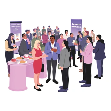 A digital flat illustration depicting a busy business conference reception area filled with attendees. In the center, a group of three people are engaged in conversation, one man with dark skin and a blue suit, a woman with light skin and a red dress, and another man with medium skin and a gray blazer, all smiling and exchanging business cards. To the left, a table is adorned with refreshments, including coffee cups, plates of pastries, and a floral arrangement. On the right, a banner that reads "Business Network 2023" is displayed prominently. People in the background are mingling and engaged in discussions, with some holding tablets and notepads. The atmosphere is vibrant and filled with activity.