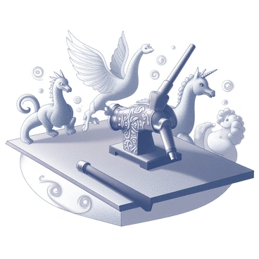 A tattoo machine resting on a textured surface. The machine is intricately designed, featuring ornate patterns and engravings. Surrounding the machine are various mythological creatures, including a dragon with detailed scales, a phoenix with expansive wings, and a unicorn with a spiraling horn. Each creature is depicted in a dynamic pose, showcasing their unique features. The background includes swirling patterns that enhance the overall composition, creating a cohesive and striking visual.