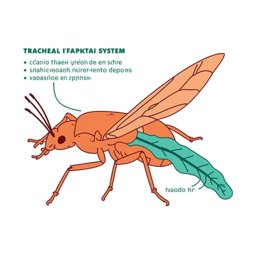 An orange insect with intricate details on its exoskeleton is displayed prominently in the center of the image. The insect has large, translucent wings that are slightly spread apart, showcasing the delicate veins. Its legs are arranged symmetrically, highlighting the various segments. Surrounding the insect, a teal diagram illustrates the tracheal system. The diagram features lines representing the trachea, showing the paths for gas exchange, with small openings labeled "spiracles" on the insect's body. The background is minimal to emphasize the insect and its internal structure.