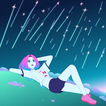 An anime character with large, expressive eyes and vibrant, colorful hair is lying on a grassy hill. The character is wearing a casual outfit, consisting of a loose-fitting t-shirt and shorts. They have one arm stretched behind their head, while the other is comfortably resting on their stomach. The grassy hill is lush and green, dotted with small wildflowers. Above, the sky is filled with a multitude of shooting stars streaking across, creating bright trails against a deep blue night sky. The character gazes upwards in wonder, with a look of amazement on their face.
