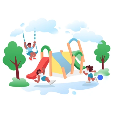 A group of children are playing on swings and slides at a colorful playground. One child is swinging high, gripping the chains tightly, while another child is sliding down a bright red slide with excitement. Nearby, a child with a blue ball is running towards a set of climbing frames painted in various shades of yellow and green. Surrounding the playground are trees with vibrant green leaves, and there is a blue sky above with fluffy white clouds scattered throughout.