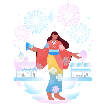 A miko wearing a colorful yukata adorned with intricate floral patterns is standing amidst a summer festival atmosphere. The yukata features vibrant shades of red, blue, and yellow. In her hands, she holds a traditional folding fan. Surrounding her are colorful lanterns glowing in various pastel hues. The sky above is filled with an array of fireworks, bursting in vibrant colors. The ground is scattered with festival stalls, creating a lively scene. A gentle breeze moves through, adding to the festive ambiance.