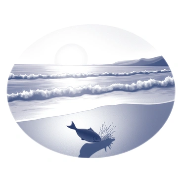 A beach scene during sunset, with the sun low on the horizon casting shadows across the sand. The waves are gently crashing, creating a dynamic movement in the water. In the foreground, a silhouette of a fish is depicted splashing as it breaks the surface of the water. The atmosphere is tranquil, with the interplay of light and shadow creating a harmonious composition.