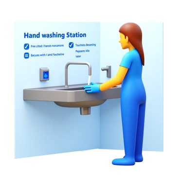 A hospital hand washing station equipped with a stainless steel sink and touchless faucets. There are clear instructions displayed on the wall next to the sink, detailing the hand washing procedure in bold letters. A healthcare worker is standing at the station, wearing blue scrubs and gloves, actively washing their hands. The worker's focused expression shows their commitment to hygiene. The area is well-lit, highlighting the cleanliness of the surroundings.