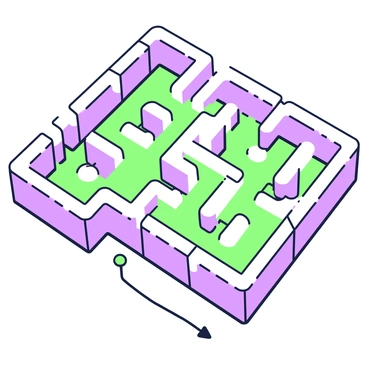 An overhead view of a maze is displayed, featuring intricate pathways and walls creating a complex structure. The maze consists of a series of interconnected routes with dead ends and forks. A distinct line path is depicted, tracing through the maze, indicating the path taken by an algorithm to solve it. The line follows a winding route, highlighting the choices and backtracking made along the way as it navigates through the twists and turns of the maze.