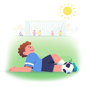A child with curly brown hair is lying on the grass of an empty soccer field, gazing up at the sky with a dreamy expression. He is wearing a bright blue soccer jersey and black shorts. In his imagination, he envisions himself dribbling a soccer ball expertly, mimicking the famous moves of "Maradona." The child has a smile on his face, and around him, there are faint outlines of cheering fans and a soccer goal in the distance. The sun is shining brightly overhead, casting soft shadows on the grass.
