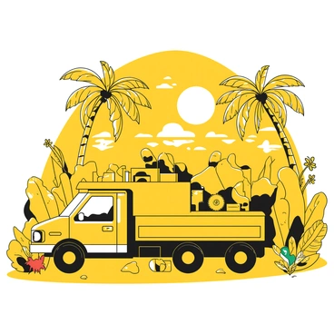 A large truck parked on sandy ground surrounded by dense, green vegetation. The sun casts dappled light through the leaves, creating patterns on the ground. In the background, there are clear waters gently lapping at the shore, reflecting the bright sunlight. Palm trees sway slightly in a light breeze, framing the scene with their long, arching leaves. Nearby, there are colorful tropical flowers adding vibrancy to the lush environment. The truck has an open rear, showcasing various outdoor gear and supplies.