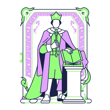 A frontispiece features a renowned historical figure standing prominently at the center. The figure is dressed in regal attire, adorned with intricate patterns and embellishments. A richly detailed cloak flows behind them, draping elegantly to the ground. The figure holds a scepter in one hand, symbolizing authority, while the other hand rests on a grand book that is open on a pedestal beside them. The background includes decorative elements such as ornate borders and stylized motifs, enhancing the overall grandeur of the scene.