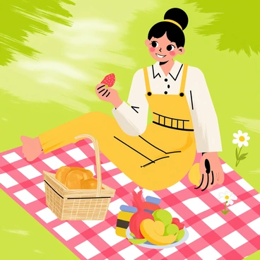 Frances having a picnic in a park with a basket filled with bread, jam, and fresh fruit.