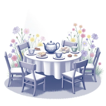 A whimsical tea party taking place on a grassy area surrounded by blooming flowers. The table is set with an assortment of mismatched teacups, each featuring different intricate designs and patterns. Delicate saucers accompany the teacups, and a teapot with an ornate spout sits in the center. Various pastries and sandwiches are artfully arranged on small plates on the table. In the background, colorful flowers are in full bloom, creating a vibrant yet natural setting. Sunlight filters through the leaves of nearby trees, casting dappled shadows on the table. A gentle breeze causes the tablecloth to flutter slightly.