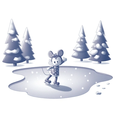 A cartoon character resembling a mouse is ice skating on a frozen pond. The mouse is wearing a signature outfit, including a bow on her head and polka-dotted attire. The pond is surrounded by tall, snow-covered trees that create a winter atmosphere. The ground around the pond is blanketed with snow, and there are small ice skates left on the edge. Flurries of snow are gently falling from the sky.