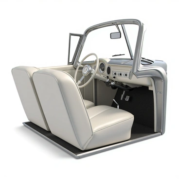A classic vintage car interior featuring white leather seats with a smooth texture and elegant stitching. The dashboard is adorned with chrome details, including knobs and an instrument panel that gleams under the light. The steering wheel is also chrome and has a classic design, offering a stylish vintage touch. The floor is covered with a plush carpet in a contrasting color, while the rearview mirror hangs elegantly above. Soft sunlight filters through the windows, casting gentle reflections across the interior surfaces.