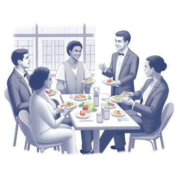 A group of diverse individuals is gathered at an outdoor dining area, each holding small plates of gourmet dishes. The setting features various tables with elegant tableware and decorative centerpieces. The group members are engaged in conversation, sharing their tasting experiences. In the background, a restaurant with large windows can be seen, showcasing its vibrant atmosphere. Each plate is artistically arranged with colorful ingredients that enhance the visual appeal of the culinary delights being sampled.