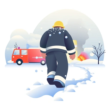 A firefighter wearing a bright yellow helmet and a heavy black firefighting jacket is trudging through deep, white snow. The firefighter's boots are partially submerged in the snow, creating small trails as they move forward. Snowflakes are gently falling from the gray sky, accumulating on the firefighter’s shoulders and helmet. In the background, faint outlines of trees can be seen, their branches heavy with snow. The fire scene is visible in the distance, with billowing smoke rising against the cloudy sky, contrasting with the winter landscape. A bright red fire truck is parked nearby, partially covered in snow.