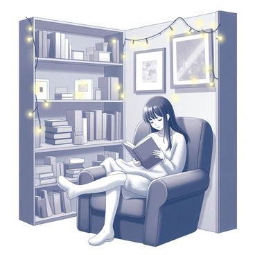A girl is curled up in a cozy reading nook, nestled into a plush, oversized chair that has soft cushions. She has long hair, partially falling over her face, as she reads a book held in her lap. The nook is illuminated by glowing fairy lights that are draped around the wooden shelves filled with stacks of books. Some books are neatly arranged, while others are haphazardly piled, creating a lived-in feel. The walls of the nook are adorned with framed art and photographs, enhancing the inviting atmosphere. A soft throw blanket is wrapped around the girl's shoulders, adding to the sense of comfort.