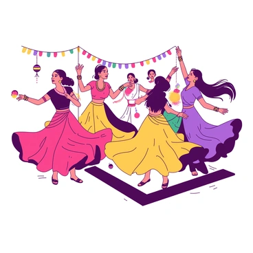 A group of women is performing the Garba dance during the Navratri festival, dressed in vibrant outfits. The women are spinning gracefully, with their skirts flaring out in different directions. Each woman is adorned with intricate jewelry, including bangles, earrings, and necklaces. Some women hold brightly decorated dandiya sticks, which they use rhythmically as they dance. The atmosphere is lively, with colorful decorations and lights surrounding them, enhancing the festive spirit of the celebration. The overall scene is filled with energy and joy.