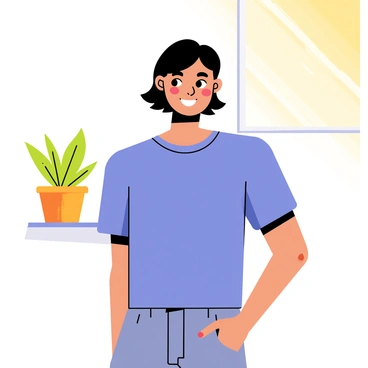 A person with a confident smile stands proudly in a bright, well-lit room. The individual has medium-length dark hair and is wearing a casual, fitted blue t-shirt. They are looking directly at the viewer with a gleam of satisfaction in their eyes. The background features a simple, neutral-colored wall with a potted green plant on a shelf to the side, adding a touch of freshness to the scene. Sunlight streams in through a nearby window, creating a warm and inviting atmosphere.