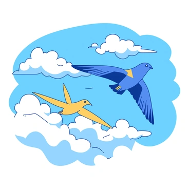 A blue chouette with large, bright eyes is flying gracefully through fluffy white clouds. Another bright yellow chouette is seen swooping close by, its wings fully extended, catching the sunlight. The sky is a vibrant blue, providing a perfect backdrop for the dynamic movement of the chouettes as they navigate through the fluffy formations. Each chouette has distinct patterns on its feathers, showcasing their unique appearances as they race alongside each other in an exhilarating display of speed and agility.