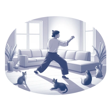 A person practicing tai chi in a spacious living room. The practitioner is gracefully performing a tai chi pose, their arms extended fluidly in a controlled motion. Around them, several cats of various breeds and sizes are sitting and lounging, displaying curiosity towards the practitioner. Sunlight streams through large windows, casting soft shadows on the wooden floor. The living room is furnished with a comfortable couch and decorative plants, creating a cozy atmosphere.