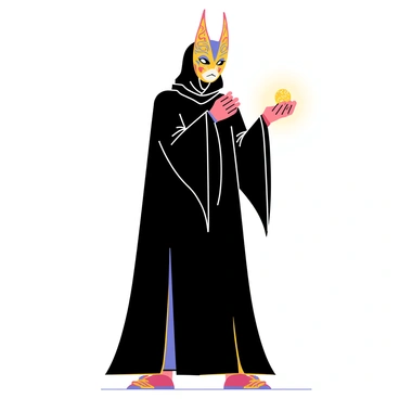 A mysterious figure stands tall, wearing a mask adorned with intricate, ornate designs in vibrant colors. The mask features swirling patterns in hues of blue, red, and gold that shimmer under the light. The figure is dressed in a flowing dark cloak that contrasts with the brightness of the mask. In one hand, the figure holds a small, glowing orb that radiates a soft light, casting intriguing shadows around them. The atmosphere is filled with an air of enchantment and intrigue, drawing the viewer into this captivating scene.