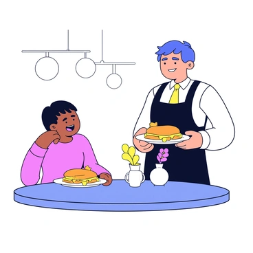 A waiter in a neat white shirt and black apron is holding a plate with a freshly prepared croque monsieur. The sandwich is golden brown, with melted cheese oozing from the sides. The waiter is smiling as he presents the dish to a customer at a round table. The customer, a young woman with short hair, has an excited expression on her face. The restaurant features elegant light fixtures and minimalistic decor. A small vase with a single flower sits on the table next to the plate.