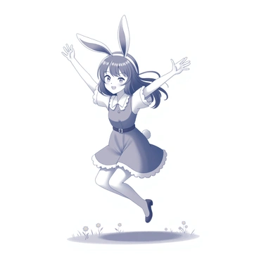 A girl with playful bunny ears is depicted in a hopping pose. She has a cheerful smile and her hair flows around her face. Her outfit features a short dress with frills and a belt accentuating her waist. The background shows a grassy field with a few scattered flowers, creating a lively atmosphere. The girl's arms are raised slightly, conveying a sense of joy and playfulness.