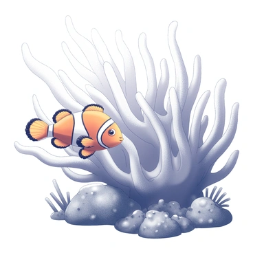 A clownfish is swimming among the tentacles of a sea anemone. Sun rays are penetrating the water, illuminating the scene with a soft light. The clownfish has vibrant orange and white markings contrasting against the delicate, swaying anemone. Surrounding the anemone are various small rocks and coral formations, adding texture to the underwater environment. The water appears clear, allowing for a tranquil view of the clownfish and its habitat.
