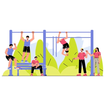 A calisthenics park filled with excitement and activity. Several individuals are positioned at various pull-up bars, showcasing their strength and determination as they perform pull-ups. A young man with a blue tank top and black shorts is straining to complete his set, while a woman in a red sports bra and gray leggings is energetically pulling herself up. Nearby, a group of friends encourages each other, with one person taking a quick break on a bench. In the background, there are trees and a clear blue sky, adding to the vibrant and lively atmosphere of the scene.
