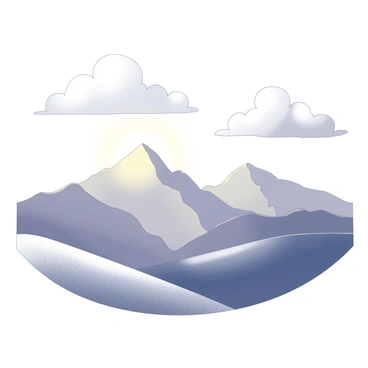 A landscape featuring mountains in the distance, their peaks reaching towards the sky. The foreground consists of rolling hills with a gentle slope. In the sky, there are clouds with various shapes, appearing fluffy and billowy. The scene captures the moment of sunrise, with light gradually illuminating the landscape. The overall composition emphasizes the vastness of nature and the silhouette of the mountains against the illuminated sky.
