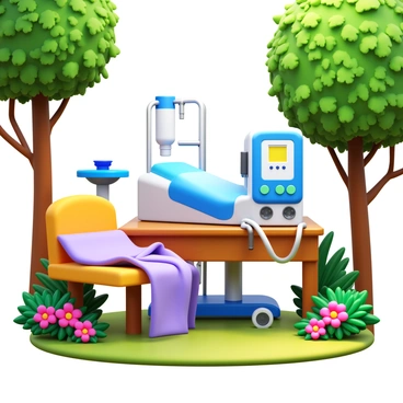A hemodialysis machine with various tubes and dialyzer, positioned on a wooden table surrounded by vibrant flowers and lush greenery. A gentle breeze rustles the leaves of nearby trees, creating a sense of calm. Soft sunlight filters through the branches, casting dappled shadows on the machine. Nearby, a comfortable chair is placed for the patient, with a cozy blanket draped over it. A small water fountain can be seen in the background, adding to the tranquil atmosphere.