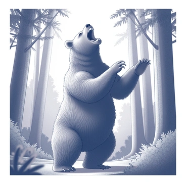 A bear standing on its hind legs in a dense forest. The bear's mouth is open wide, showcasing its sharp teeth, as it roars fiercely. Its thick fur is ruffled by the movement, and its powerful front paws are raised. Surrounding the bear are tall trees, with their trunks thick and textured. The ground is covered with various plants and underbrush, adding to the natural setting. Sunlight filters through the leaves, casting shadows on the forest floor.