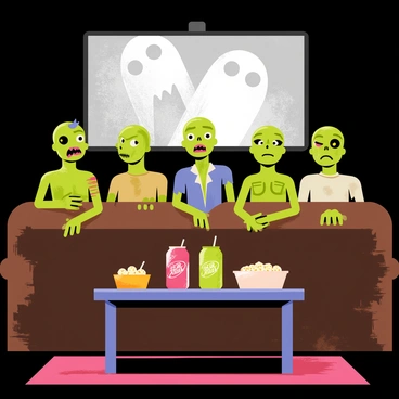 A group of five zombies is sitting on a brown couch with tattered upholstery. Each zombie has distinct features; one has a missing arm, another has a cracked skull, and a third has glowing green eyes. They are all intently watching a flickering screen in front of them that displays a black-and-white horror movie scene with ghosts. Empty popcorn bowls and soda cans are scattered on a small table in front of the couch. The room has dim lighting, adding to the eerie atmosphere.