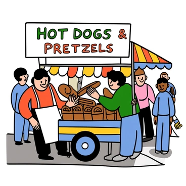 A street food vendor with light skin and short dark hair is standing next to a colorful food cart. The cart is decorated with vibrant colors and displays a sign that reads "Hot Dogs & Pretzels". The vendor is wearing a white apron over a red shirt and is smiling while serving a hot dog to a customer. Several pretzels are displayed in a basket on the cart, and the background shows a busy street with people walking by.