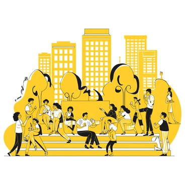 A diverse group of people sitting on the steps of "Rockefeller Center." The group includes individuals of varying ages and ethnicities, engaged in conversation and laughter. Some are holding drinks and snacks, while others are using their phones. In the background, pedestrians are walking briskly, and tall buildings rise around them. The scene captures the lively atmosphere of the city with a mix of expressions on the faces of the people. There are light reflections on the windows of the buildings, enhancing the urban environment.