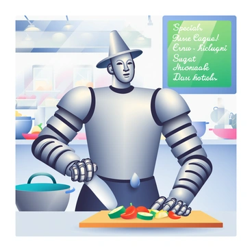 The Tin Man is standing in a bustling restaurant kitchen, skillfully preparing a gourmet dish. He has a shiny silver body and a funnel-shaped hat, with intricate mechanical details visible on his arms and legs. In front of him, there is a large wooden cutting board with diced vegetables, including bright red bell peppers, green zucchini, and yellow onions. He is holding a stainless steel knife in one hand while stirring a large pot on the stove with the other. The kitchen is filled with activity, with chefs moving about and various pots and pans sizzling on the stovetops. Bright overhead lights illuminate the space, reflecting off the Tin Man's metallic surface. In the background, a large chalkboard menu displays the day's specials, written in white chalk. The atmosphere is energetic, with the sounds of clattering dishes and sizzling ingredients creating a vibrant ambiance.