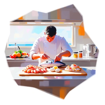 A chef with dark hair and wearing a white chef's coat is skillfully preparing seafood dishes in a sleek yacht kitchen. The kitchen has stainless steel appliances and a polished countertop. The chef is focused as they fillet a fresh fish, while a variety of seafood, including shrimp and scallops, are laid out on a cutting board. Bright, natural light streams through a window, highlighting the modern design of the kitchen and the vibrant colors of the ingredients. Cooking utensils and spices are neatly organized in the background.